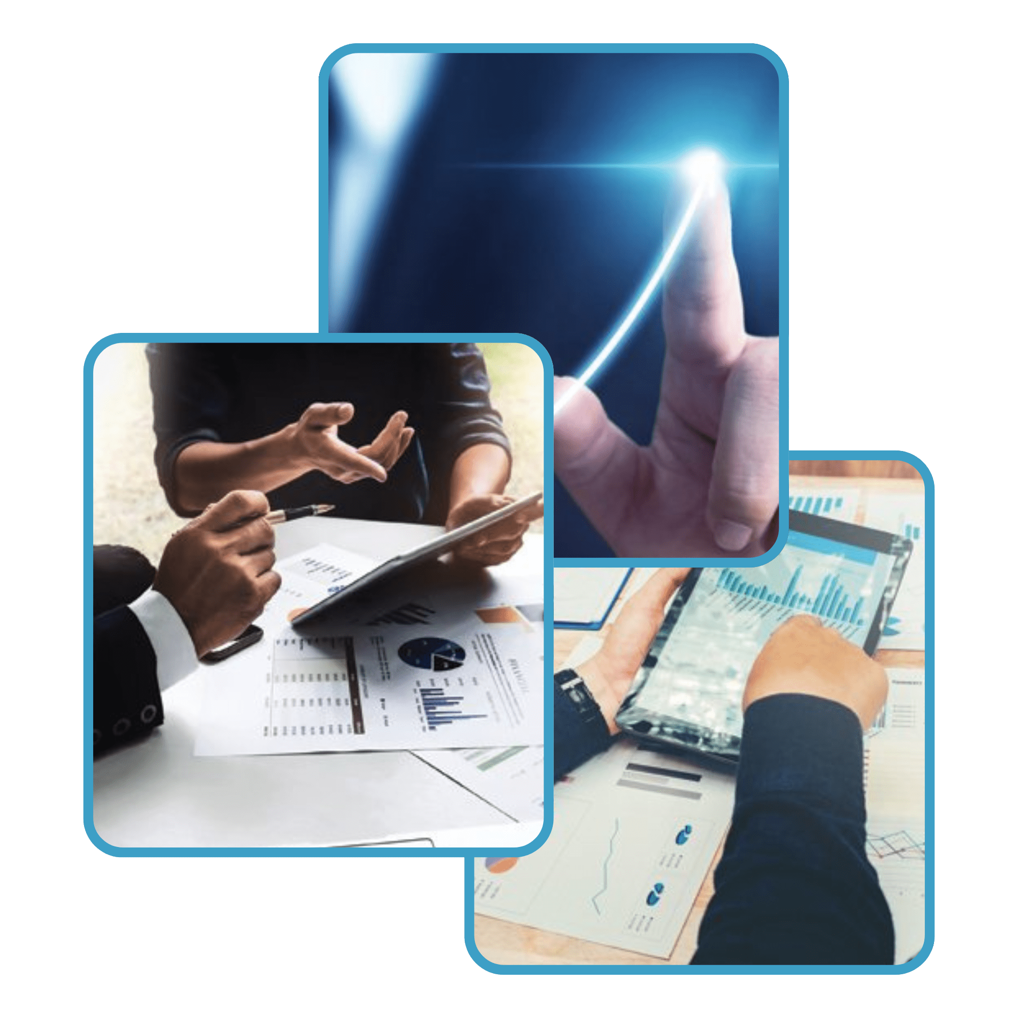 layered-photos Three images with blue-breen outlines. First image finger tracing line of light, as if on a 3-D screen. Second image is two people talking over informaton on a tablet over pie chars and other data. Third image is someone holding a tablet with bar chart data on it